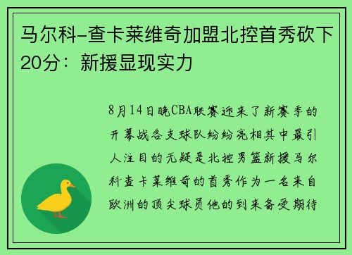 马尔科-查卡莱维奇加盟北控首秀砍下20分：新援显现实力