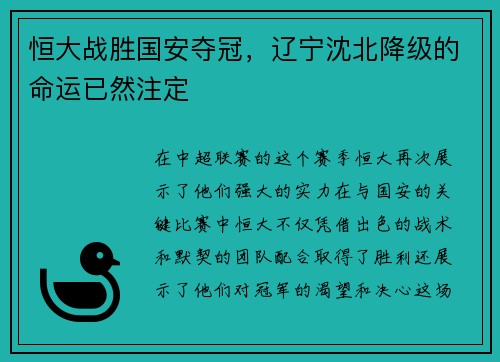 恒大战胜国安夺冠，辽宁沈北降级的命运已然注定