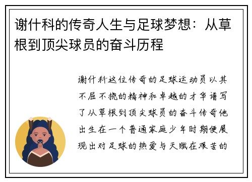 谢什科的传奇人生与足球梦想：从草根到顶尖球员的奋斗历程