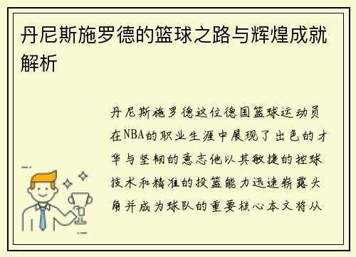 丹尼斯施罗德的篮球之路与辉煌成就解析