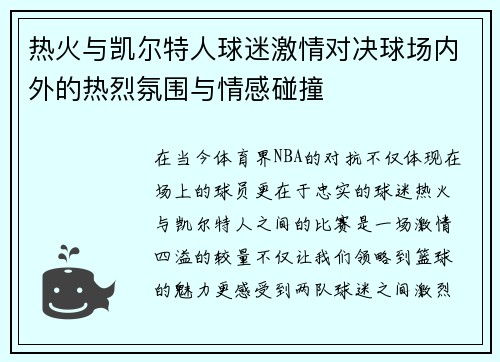 热火与凯尔特人球迷激情对决球场内外的热烈氛围与情感碰撞