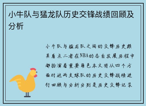 小牛队与猛龙队历史交锋战绩回顾及分析