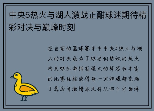 中央5热火与湖人激战正酣球迷期待精彩对决与巅峰时刻