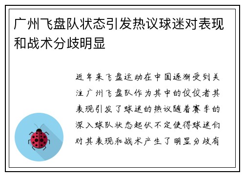 广州飞盘队状态引发热议球迷对表现和战术分歧明显
