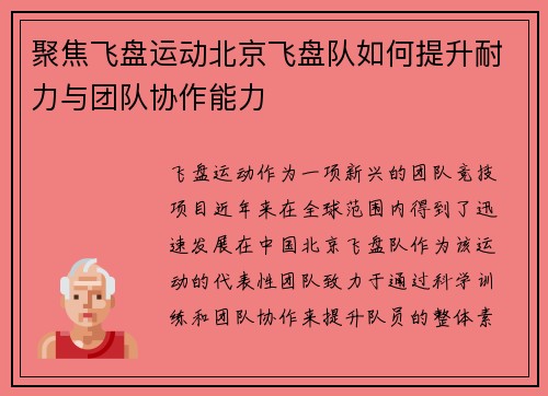 聚焦飞盘运动北京飞盘队如何提升耐力与团队协作能力